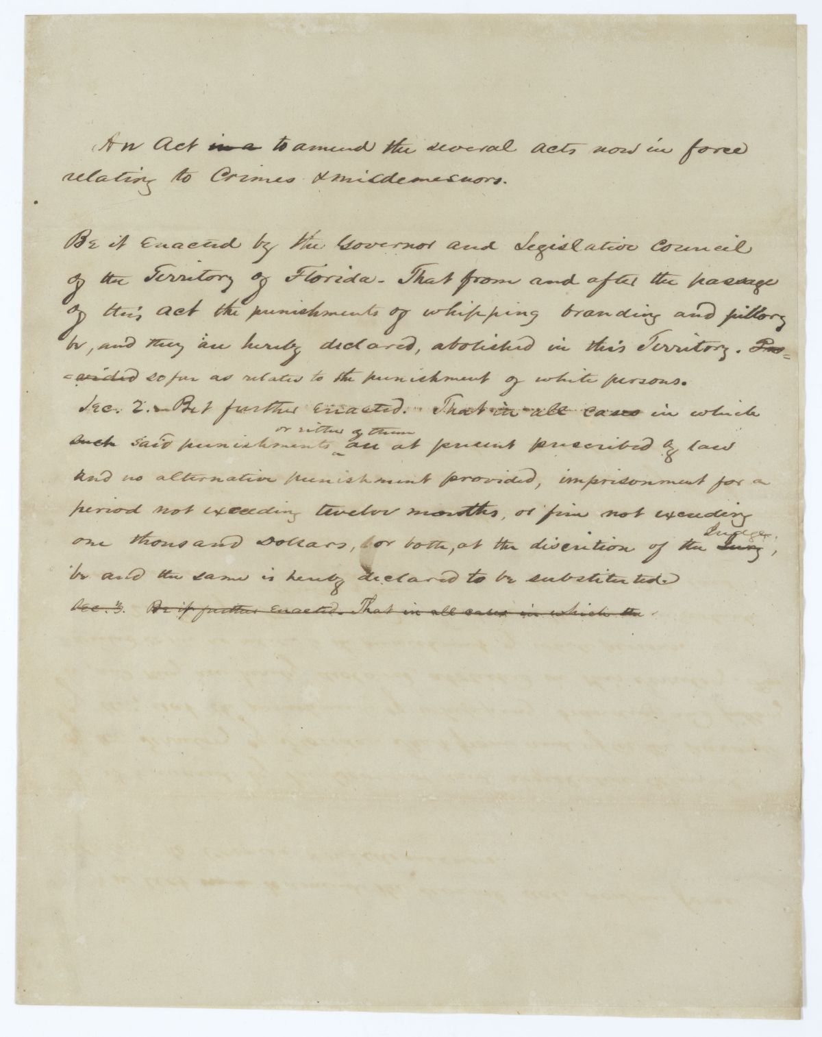 Draft of an Act to Amend the Several Acts Now in Force Relating to Crimes and Misdemeanors, circa 1845