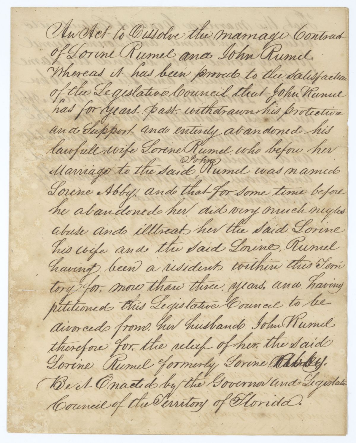 Draft of an Act to Dissolve the Marriage Contract Between Lorine and John Rumel, circa 1845