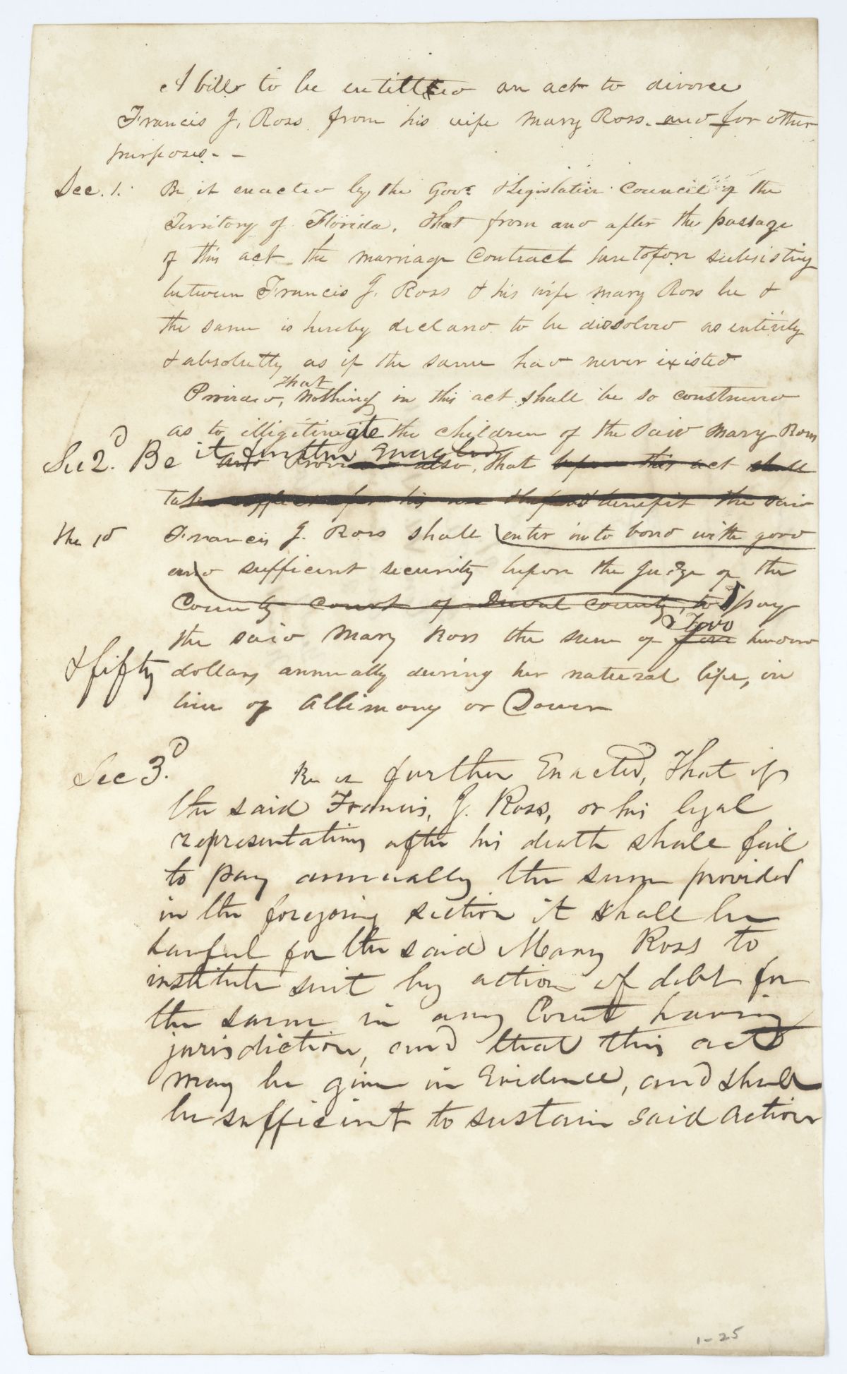 Draft of an Act for the Relief of Francis J. Ross, circa 1845