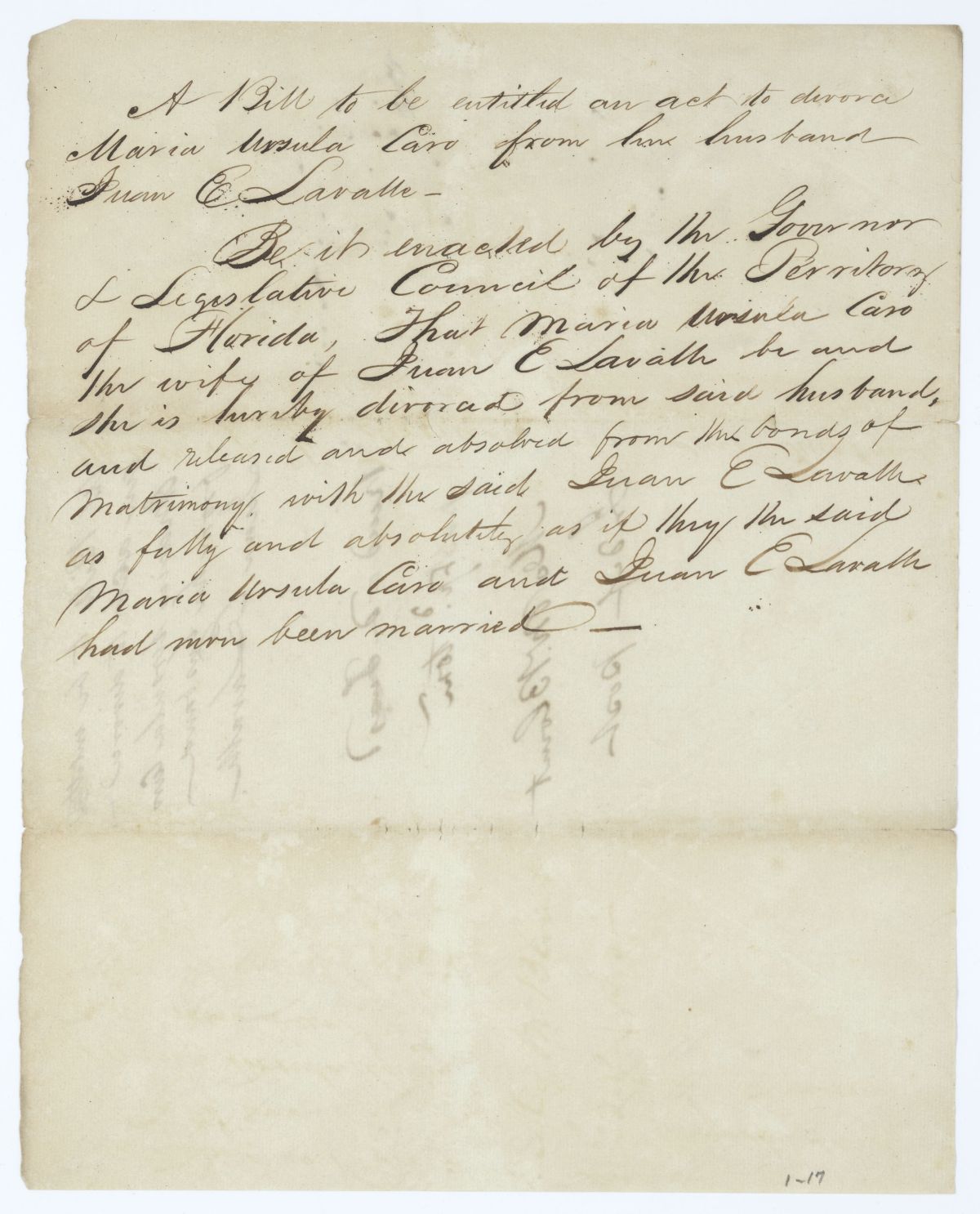 Draft of an Act to Divorce Maria Ursula Caro from Her Husband Juan E. Lavalle, circa 1845