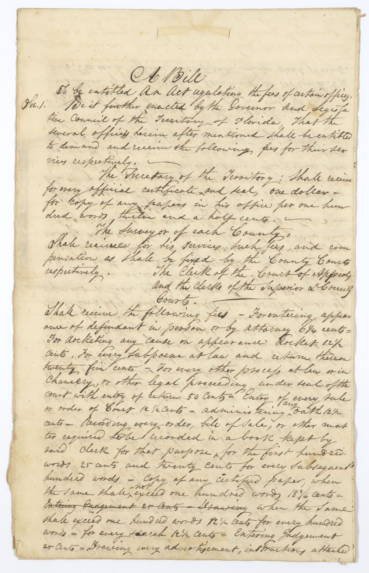 Draft of an Act Relating to the Fees of Certain Officers, circa 1823