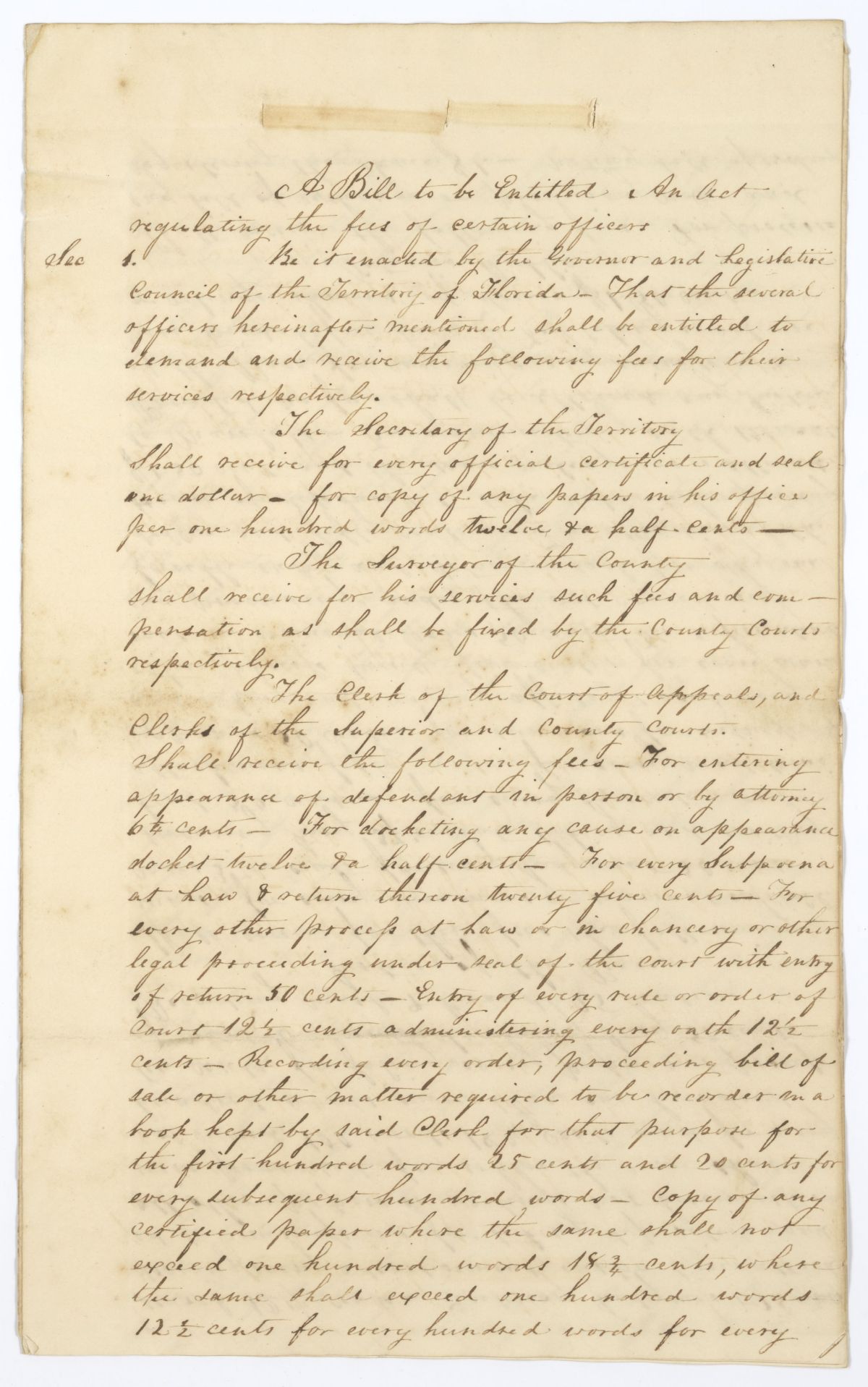 Draft of an Act Regulating the Fees of Certain Officers, circa 1823