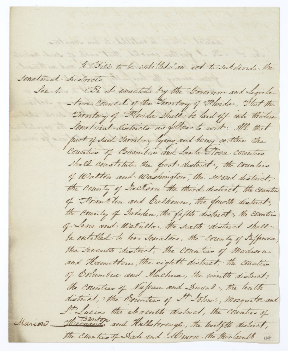 Draft of an Act to Subdivide the Senatorial Districts, 1844