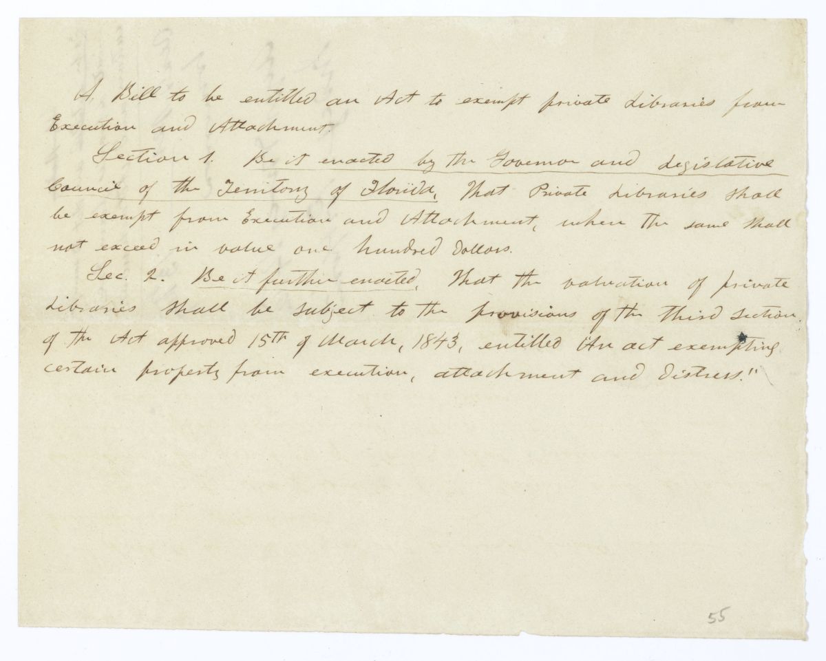 Draft of an Act to Exempt Private Libraries from Execution and Attachment, 1844