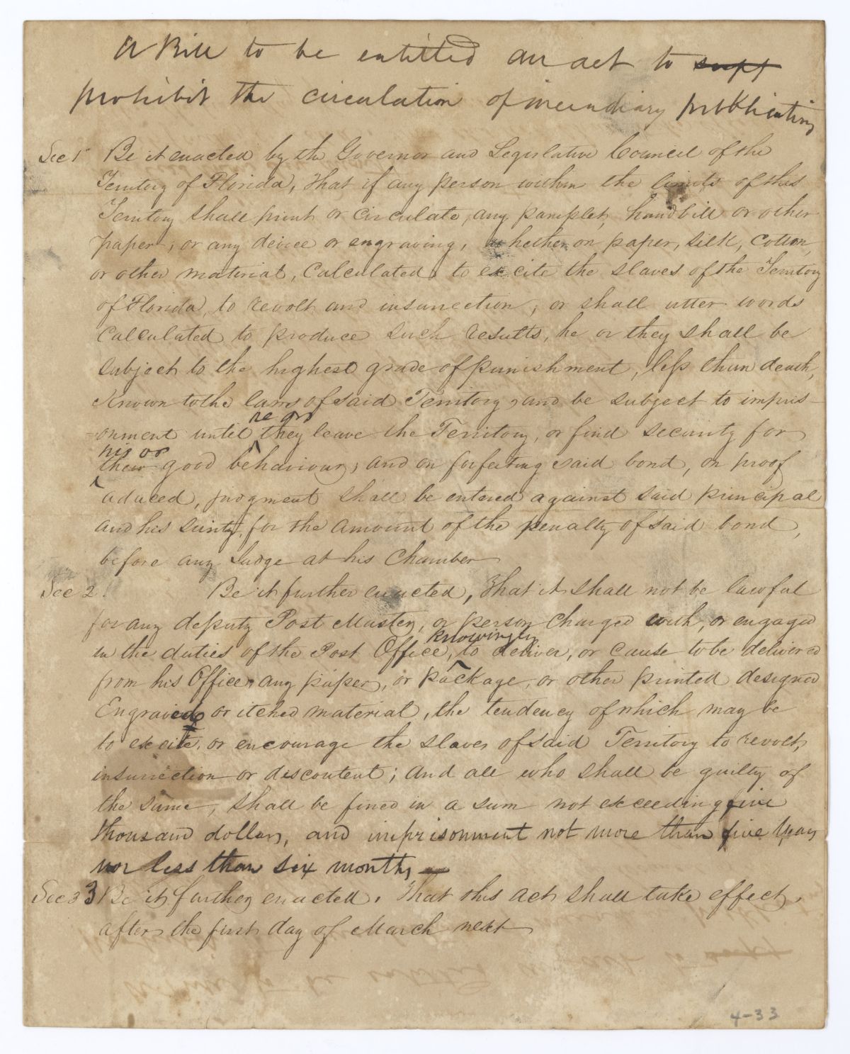 Draft of an Act to Prohibit the Circulation of Incendiary Publications, circa 1836