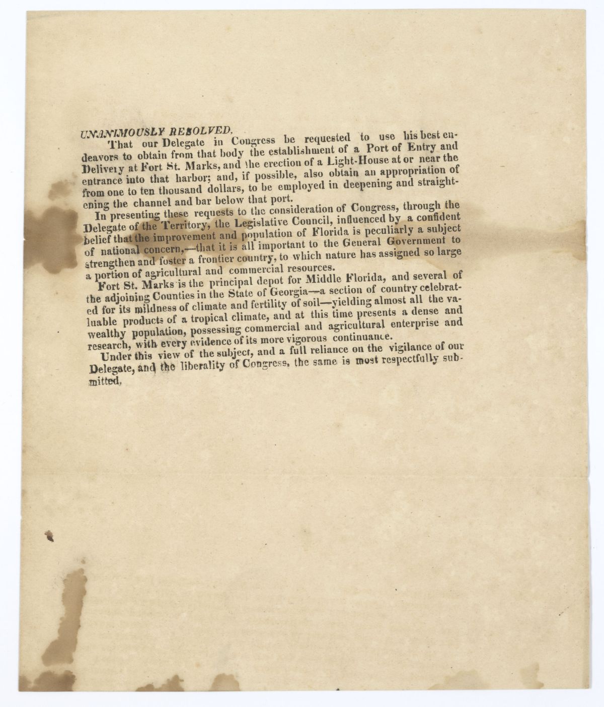 Resolution Concerning a Port of Entry at Saint Marks, circa 1830