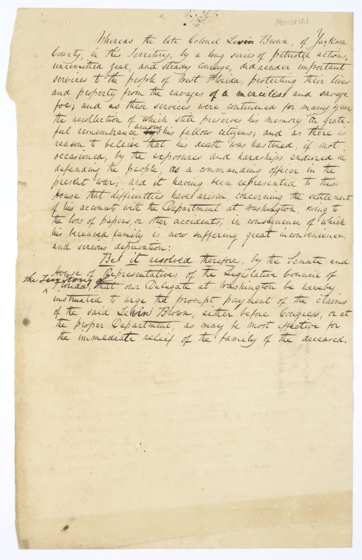 Resolution Directing the Florida Delegate in Congress to Lobby for the Payment of the Claim of Levin Brown, 1840