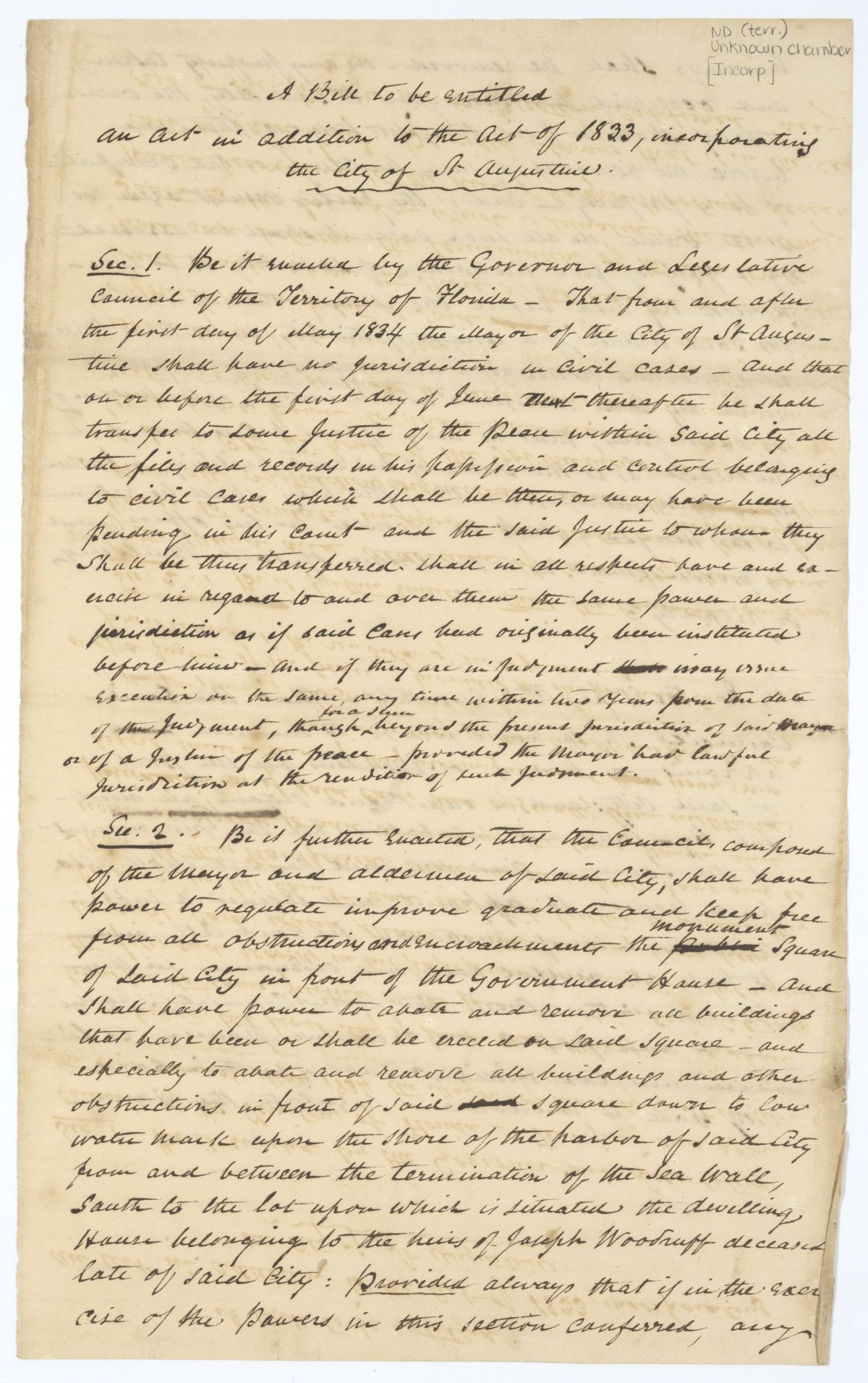 Draft of an Act in Addition to an Act Incorporating the City of Saint Augustine, 1834