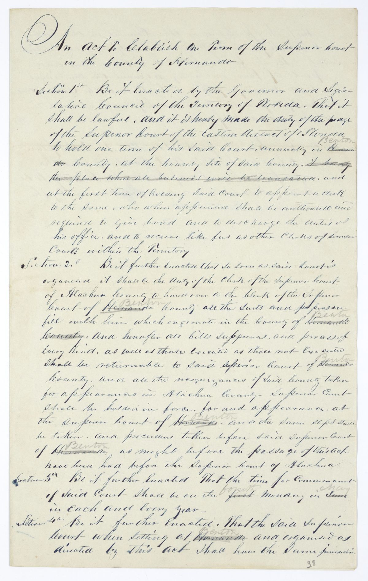 Draft of an Act to Establish One Term of the Superior Court in Hernando County, 1844