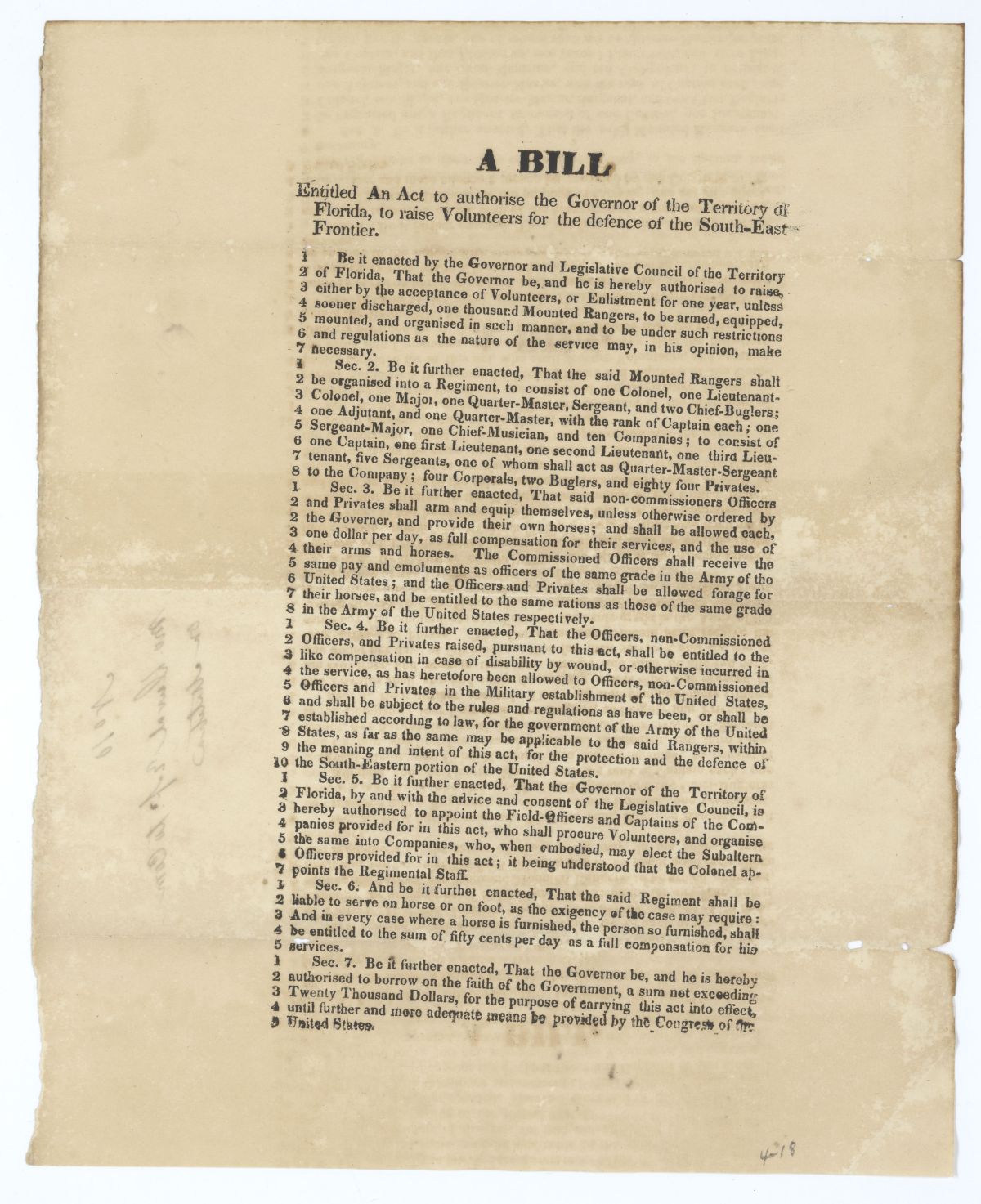 Draft of an Act to Authorize the Governor of the Territory to Raise Volunteers for the Defense of the Southeastern Frontier, 1836