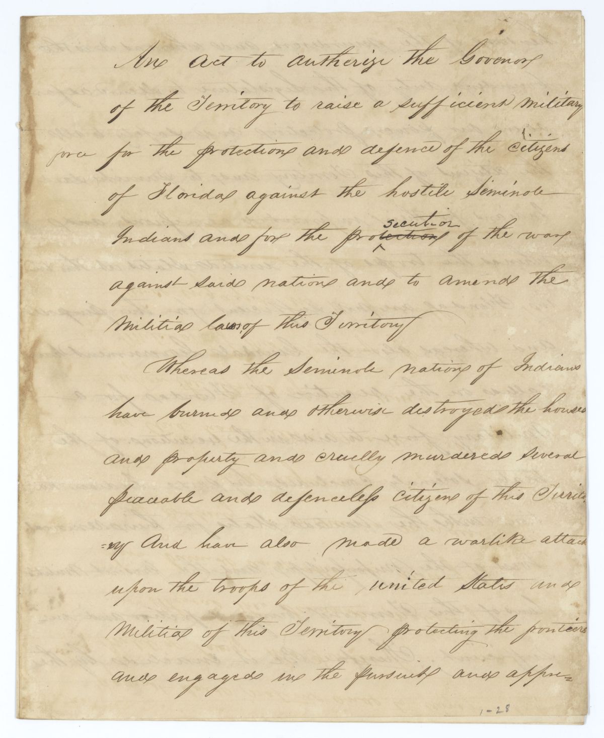 Draft of an Act to Authorize the Governor to Raise a Sufficient Military Force for the Protection of the Territory, 1836