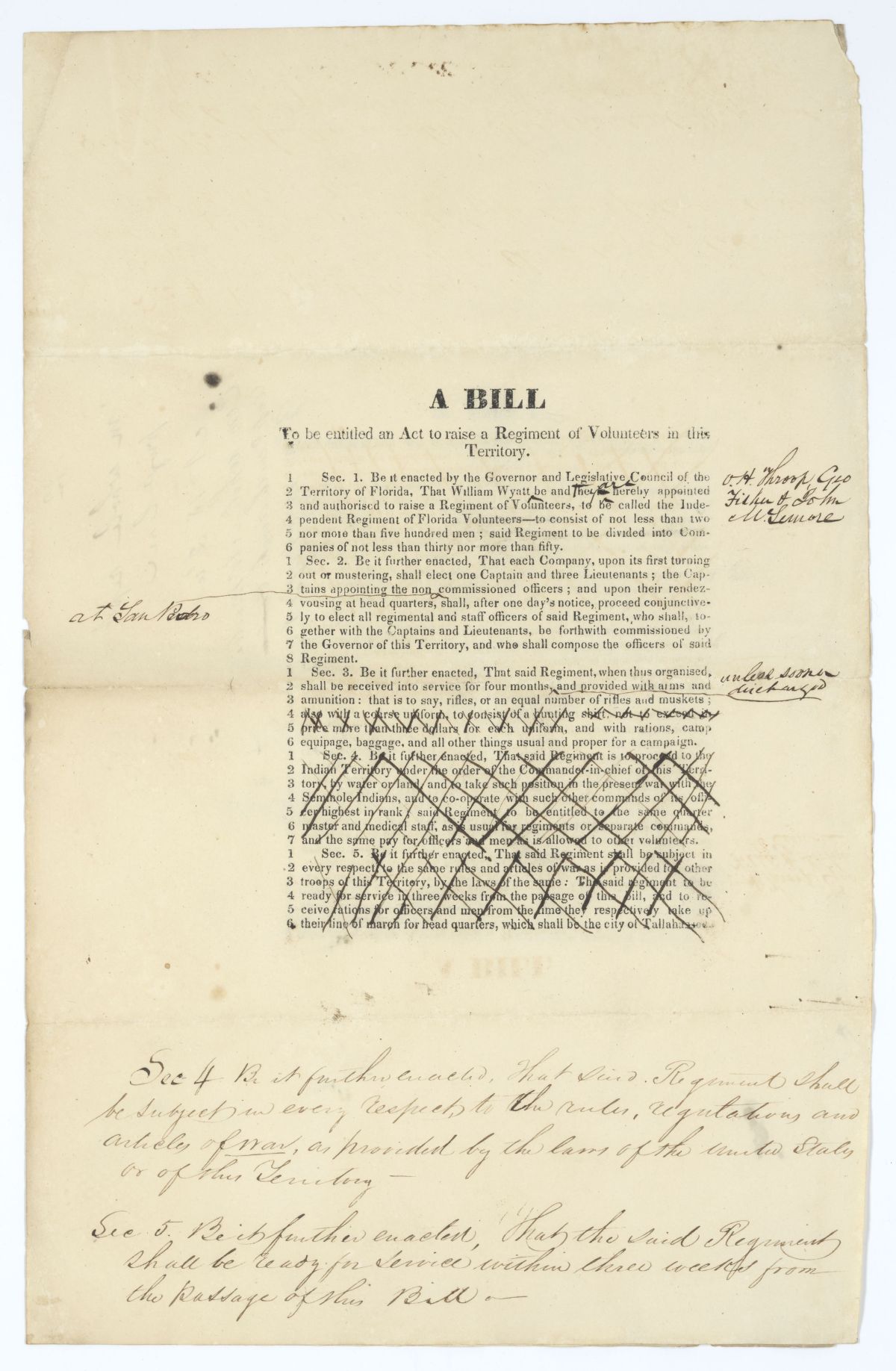 Two Drafts of an Act to Raise a Regiment of Volunteers in the Territory of Florida, 1836