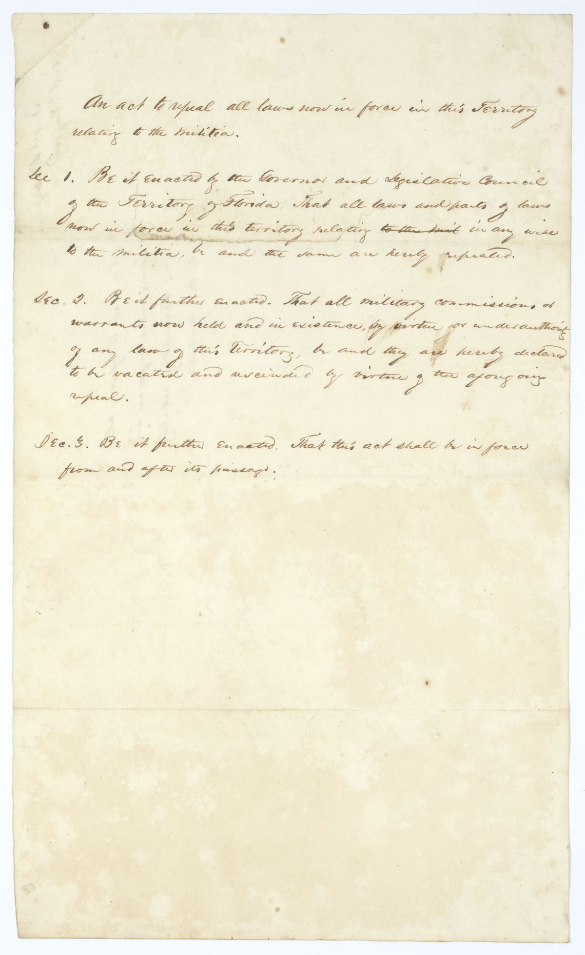 Draft of an Act to Repeal All Laws Now in Force in the Territory Relating to the Militia, 1837