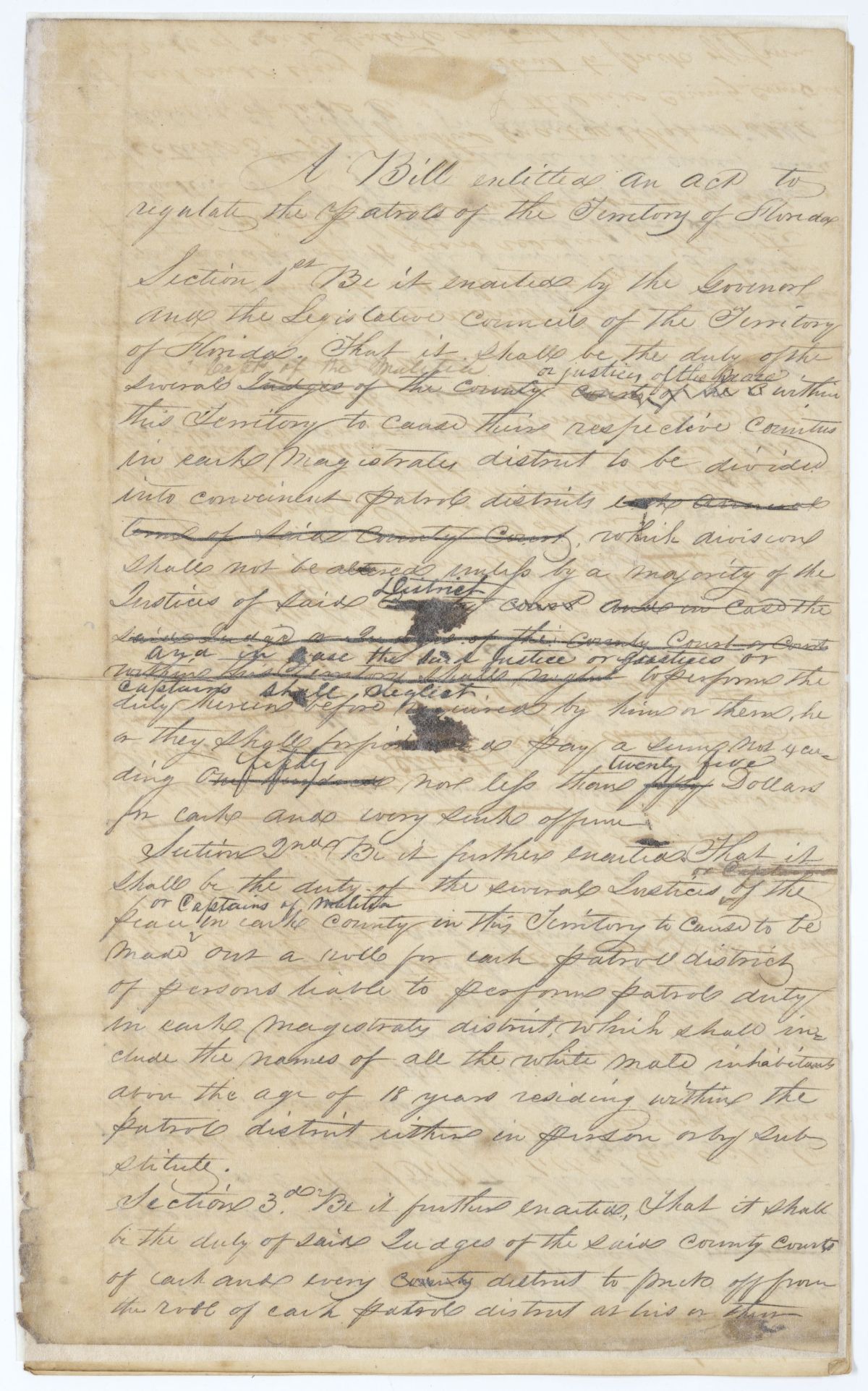 Draft of an Act to Regulate the Patrols of the Territory of Florida, 1836