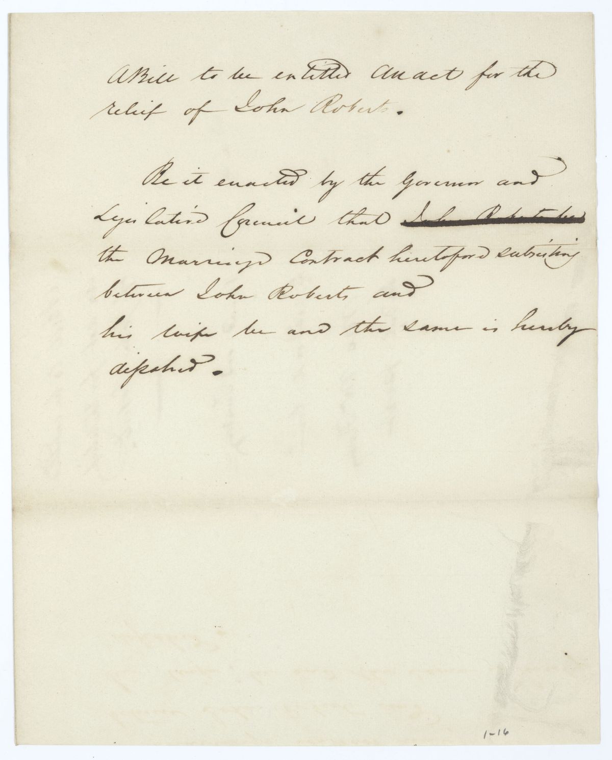 Draft of an Act for the Relief of John Roberts, circa 1834