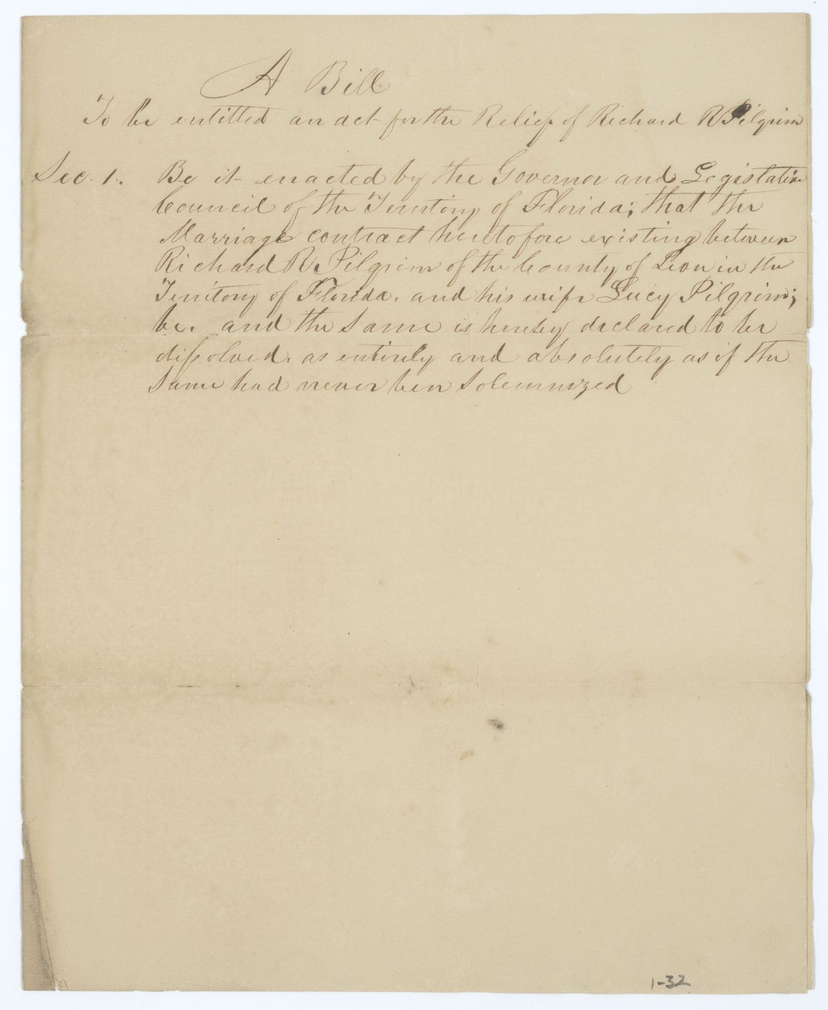 Draft of an Act for the Relief of Richard R. Pilgrim, 1840