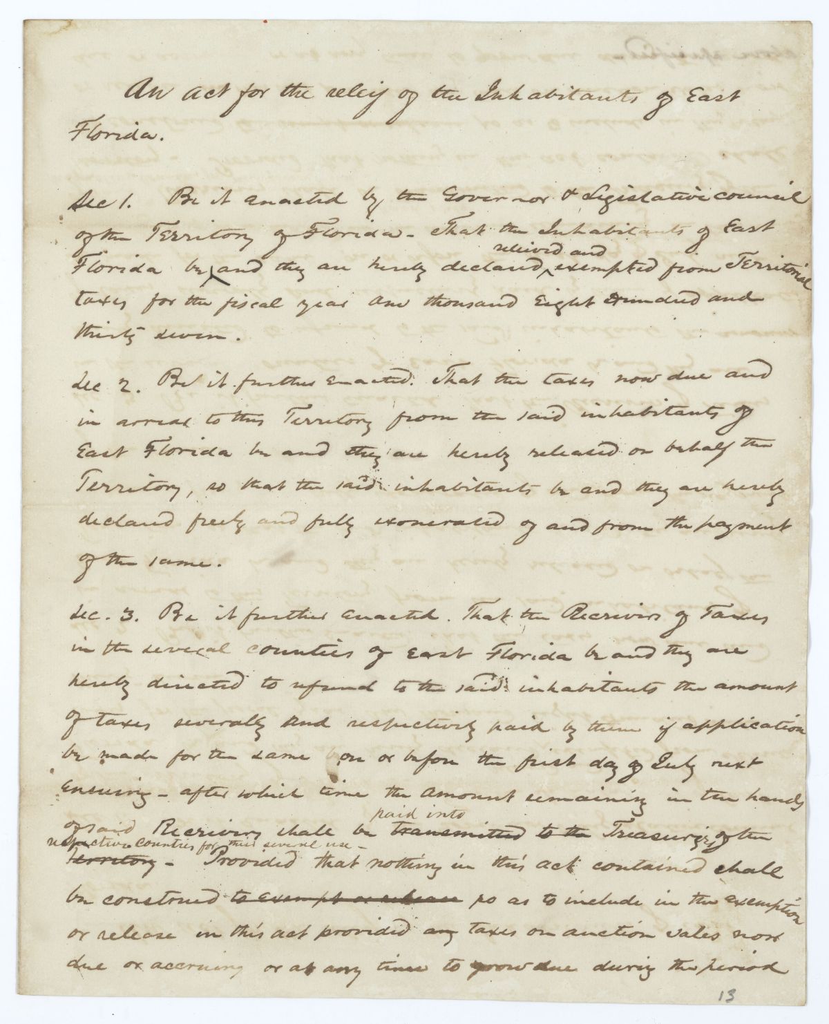 Draft of an Act for the Relief of the Inhabitants of East Florida, 1837