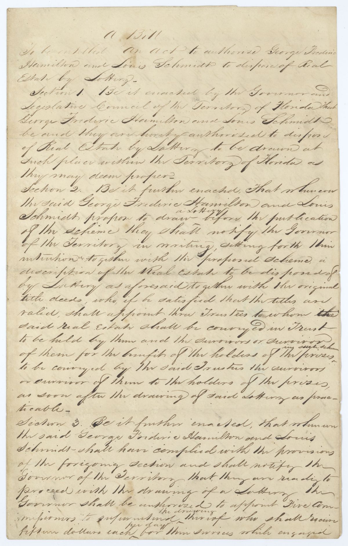 Draft of an Act to Authorize George Frederic Hamilton and Louis Schmidt to Dispose of Real Estate by Lottery, 1839