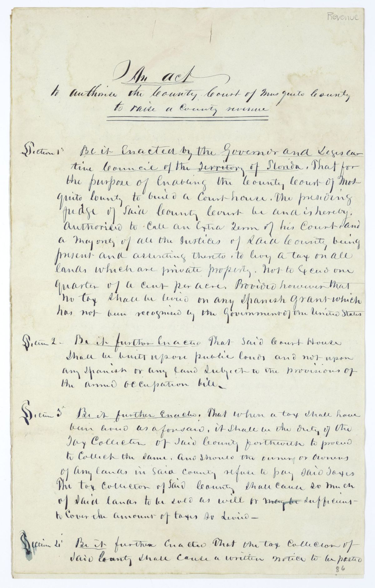 Draft of an Act to Authorize the County Court of Mosquito County to Raise a County Revenue, 1844