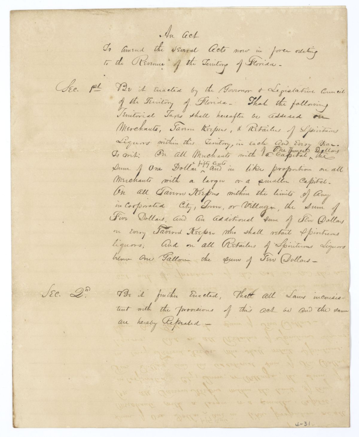 Draft of an Act to Amend the Several Acts Now in Force Relating to the Revenue of the Territory of Florida, 1836