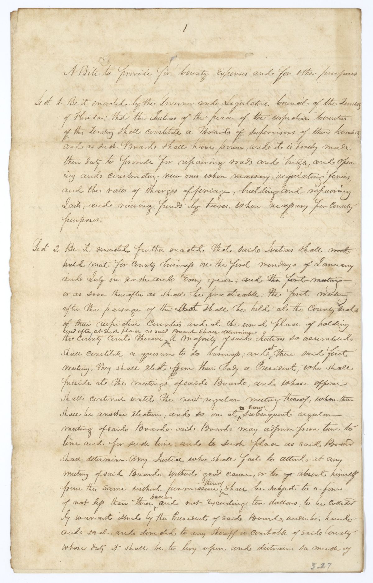 Draft of an Act to Provide for County Expenses and for Other Purposes, circa 1835