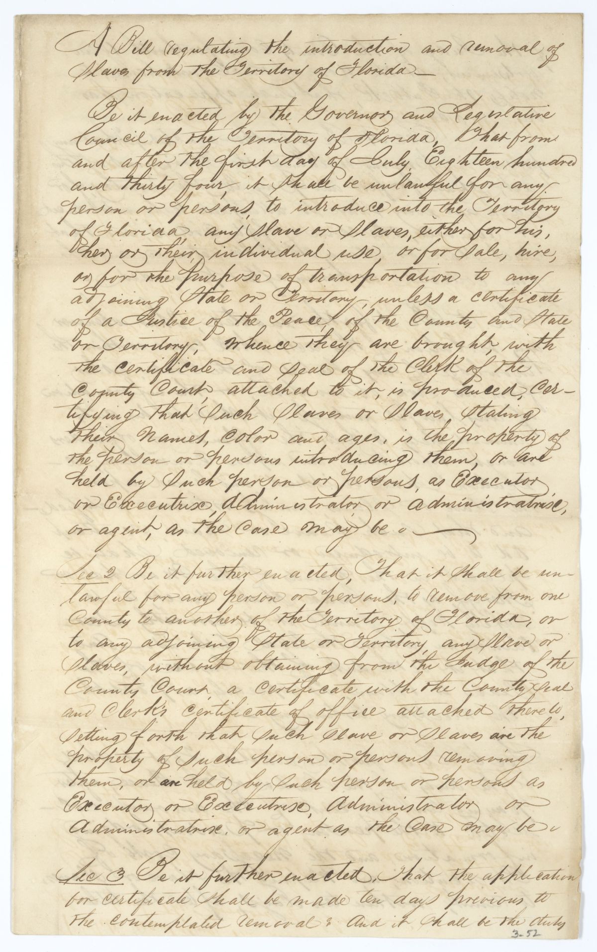 Draft of an Act Regulating the Introduction and Removal of Enslaved Persons from the Territory of Florida, circa 1834