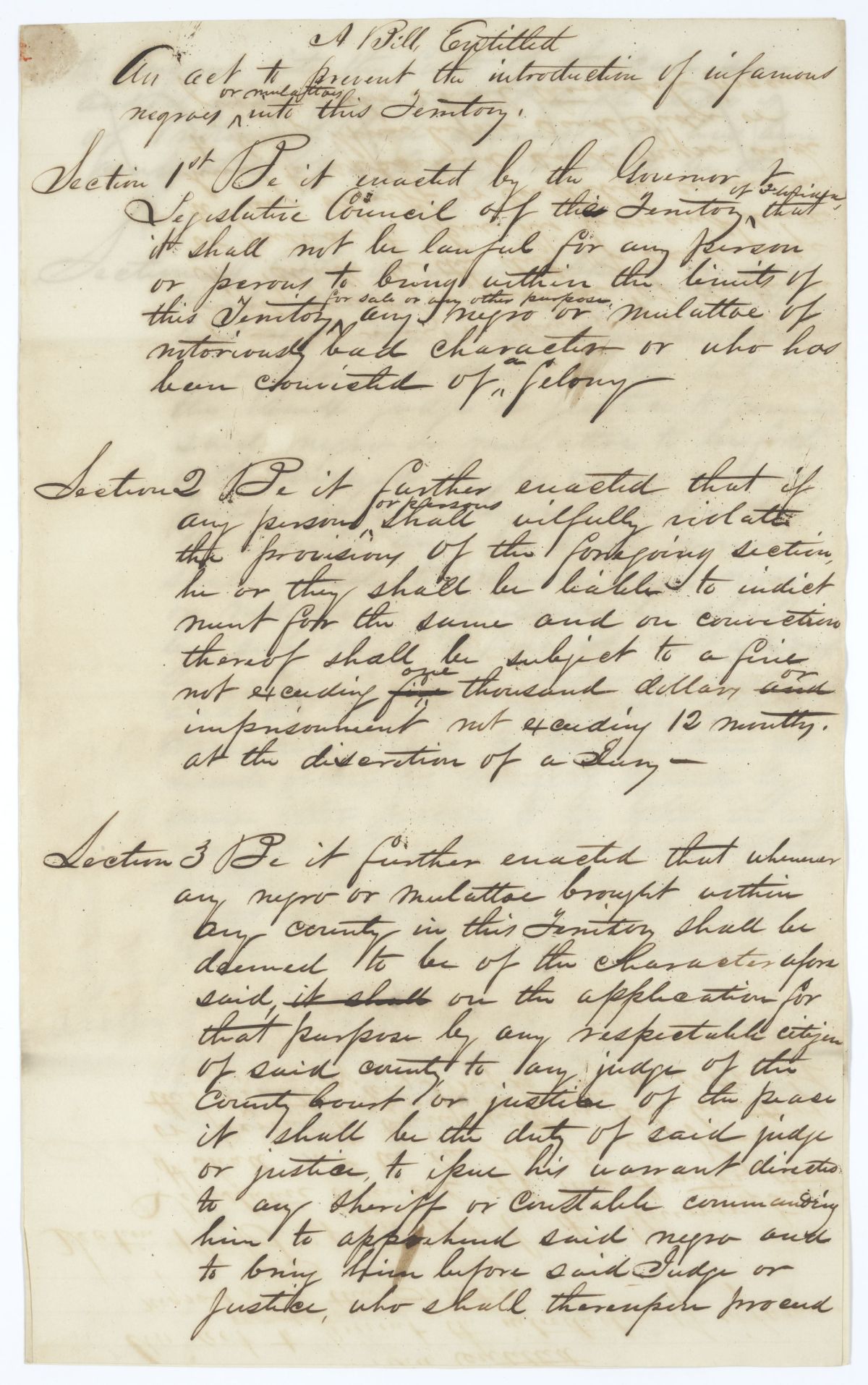 Draft of an Act to Prevent the Introduction of "Infamous" Persons of Color into the Territory, circa 1835