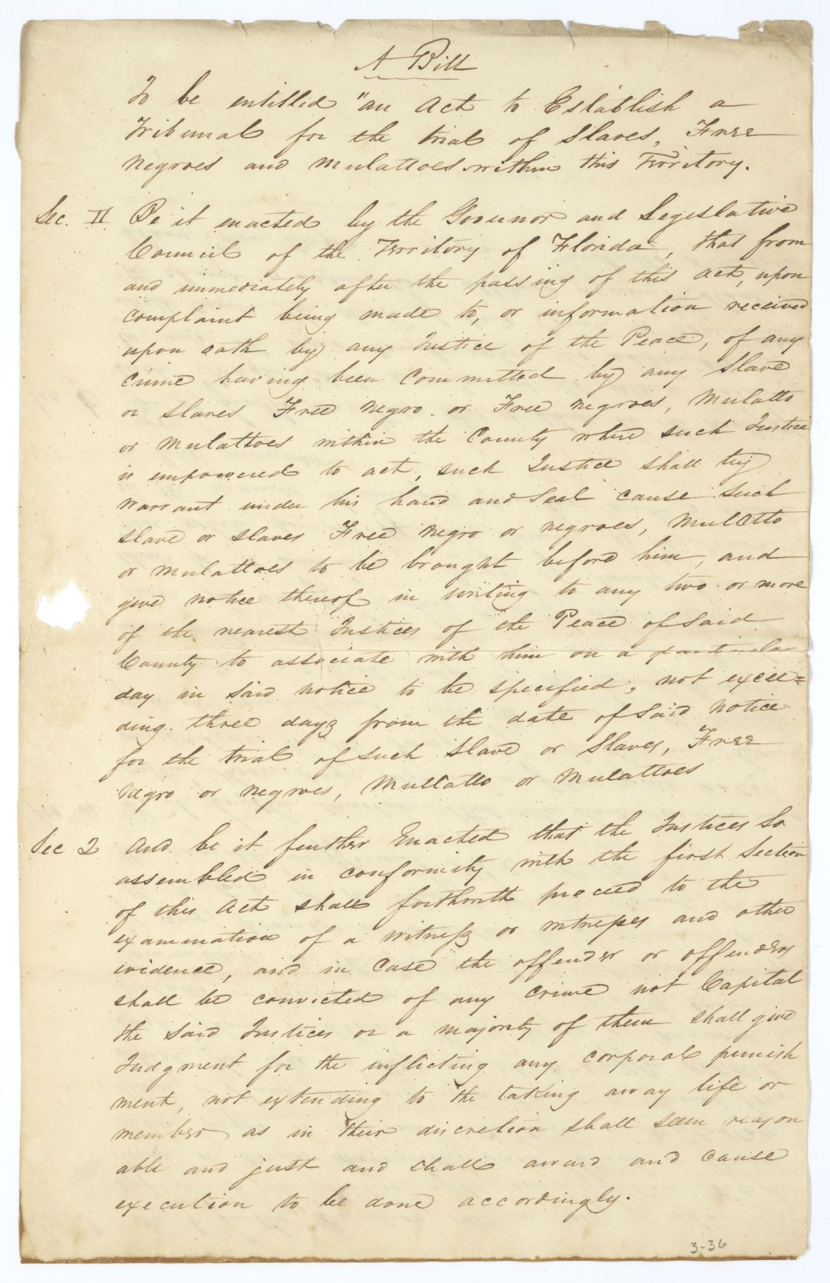 Draft of an Act to Establish a Tribunal for the Trial of Enslaved Persons and Free People of Color Within the Territory, 1836