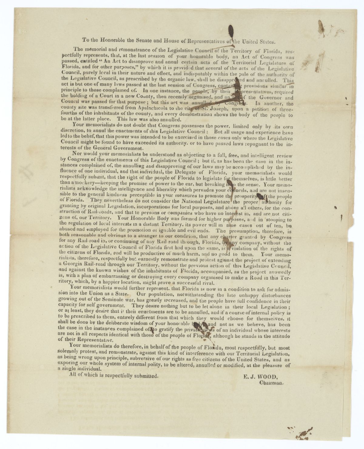 Remonstrance to Congress Protesting the Annulment of Certain Acts of the Territorial Legislative Council, 1837