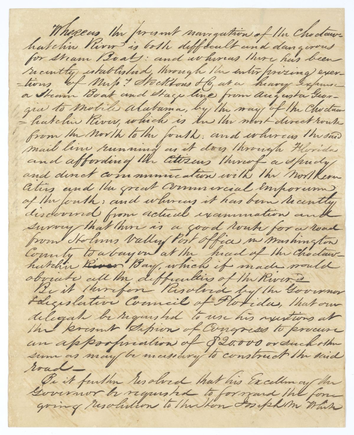 Resolution Directing the Florida Delegate in Congress to Procure an Appropriation for a Road, 1836