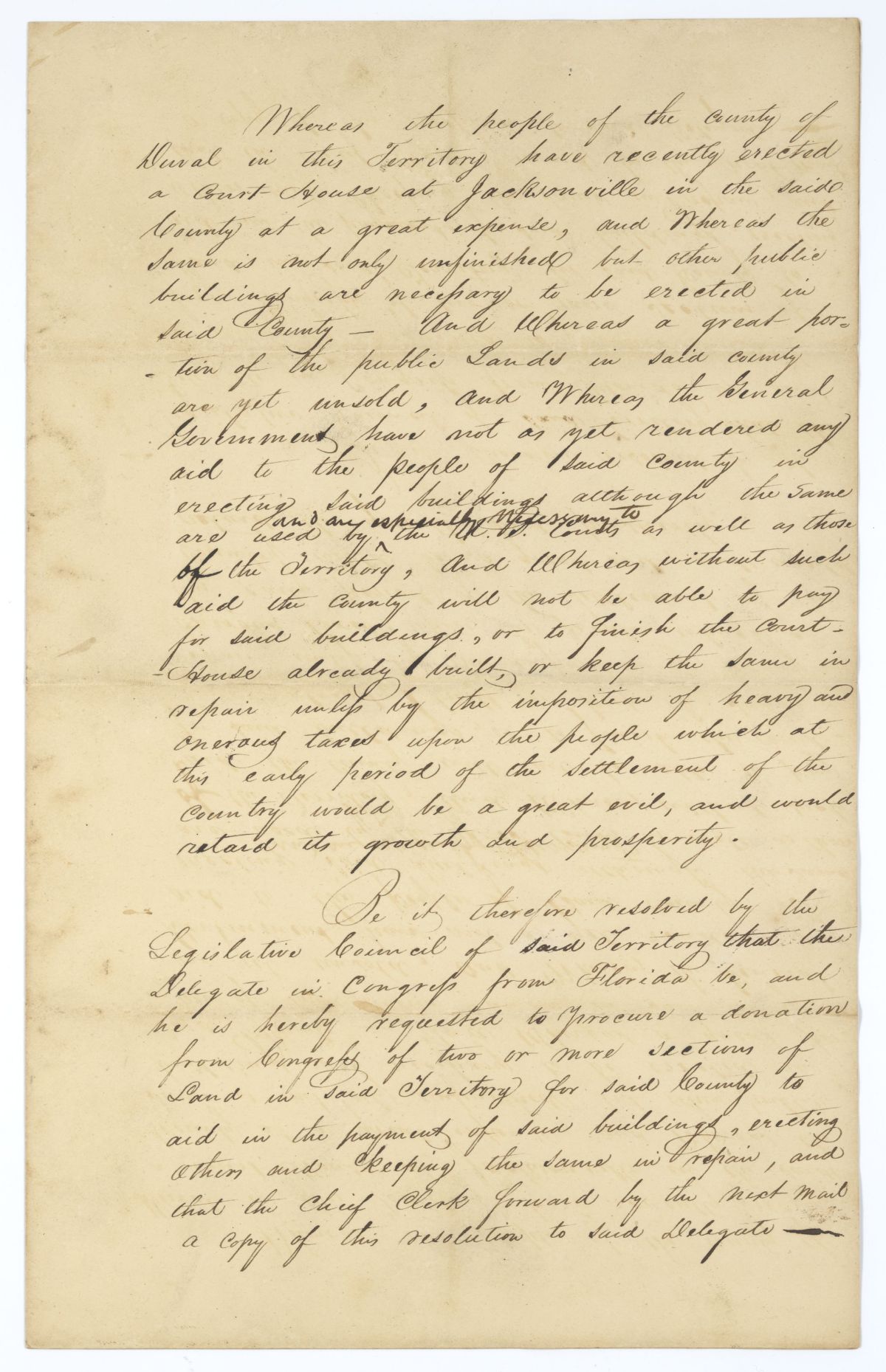 Resolution Directing the Florida Delegate in Congress to Obtain a Donation of Land for Duval County, 1833