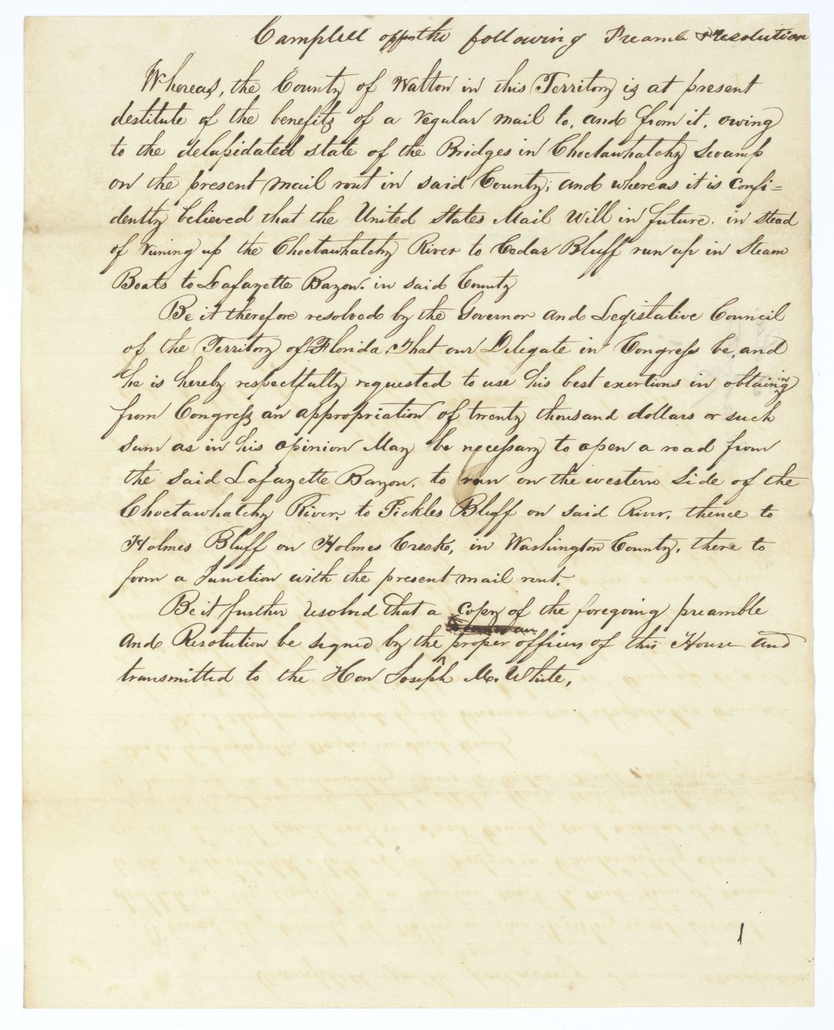 Resolution Directing the Florida Delegate in Congress to Obtain an Appropriation for a Road from Lafayette Bayou to Holmes Bluff, 1837