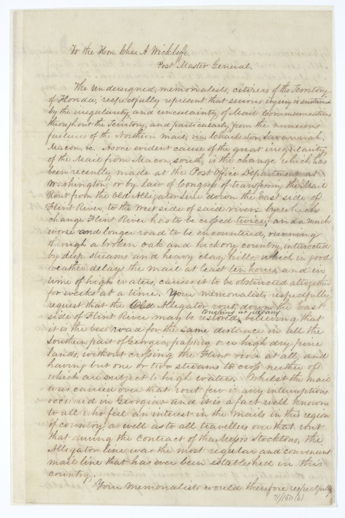 Petition from Citizens of the Territory of Florida to the United States Postmaster General Regarding Mail Routes, 1844