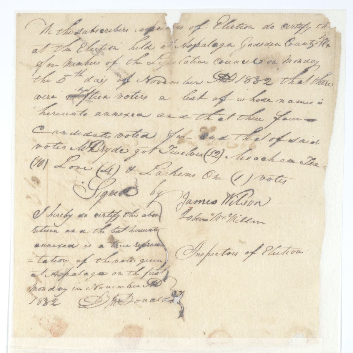 Election Return from Aspalaga for Members of the Territorial Legislative Council, circa 1832