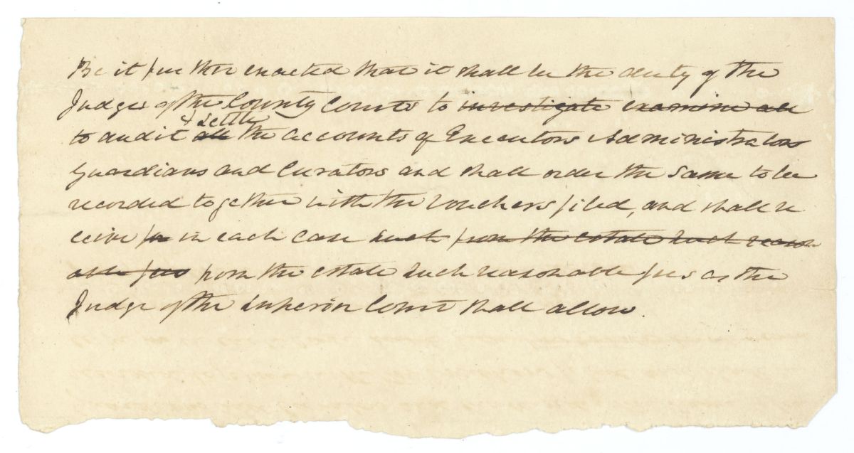 Fragment of an Amendment to an Act Concerning Executors, Administrators, Guardians and Curators, circa 1840