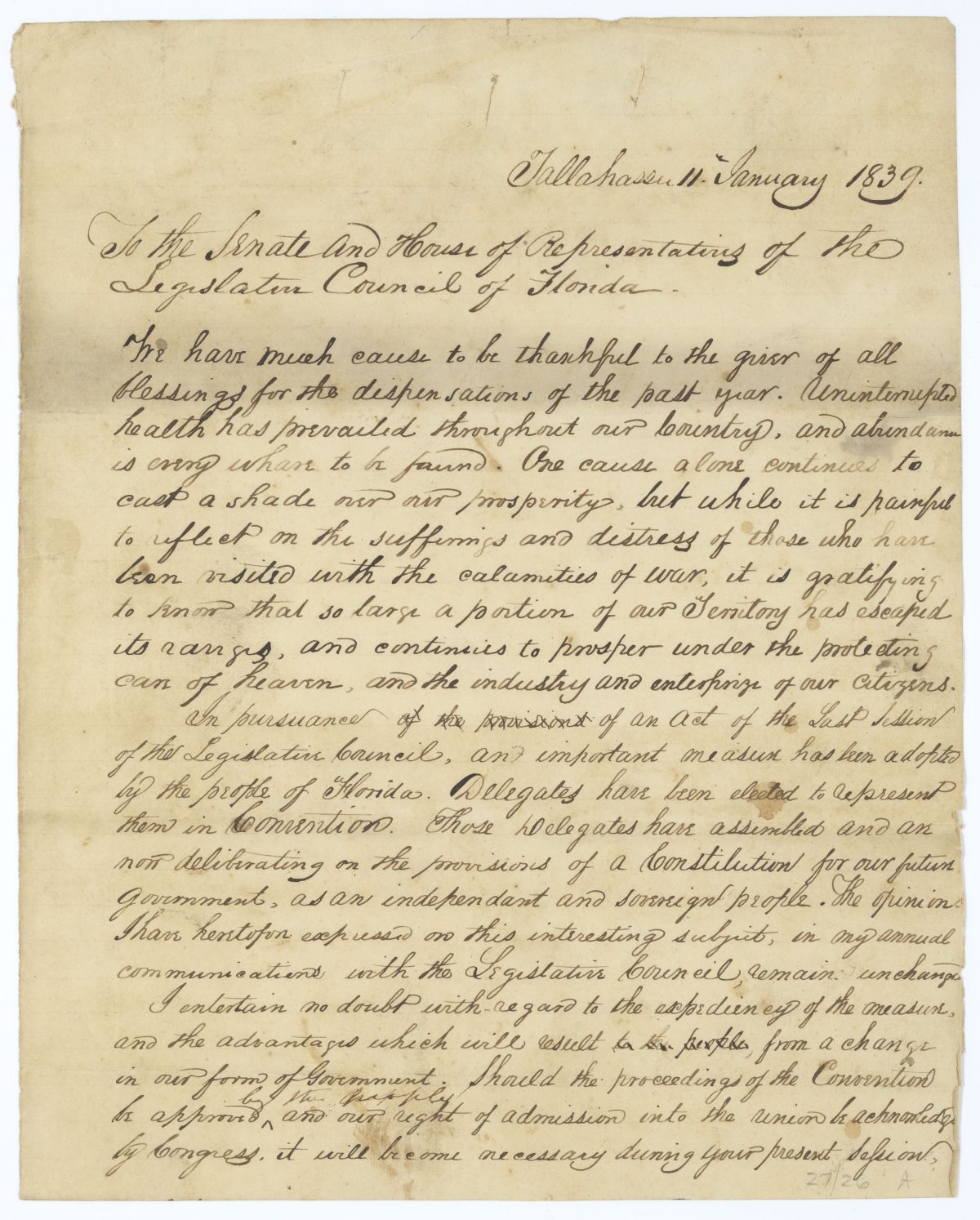 Governor Richard Keith Call's Annual Message to the Territorial Legislative Council, 1839