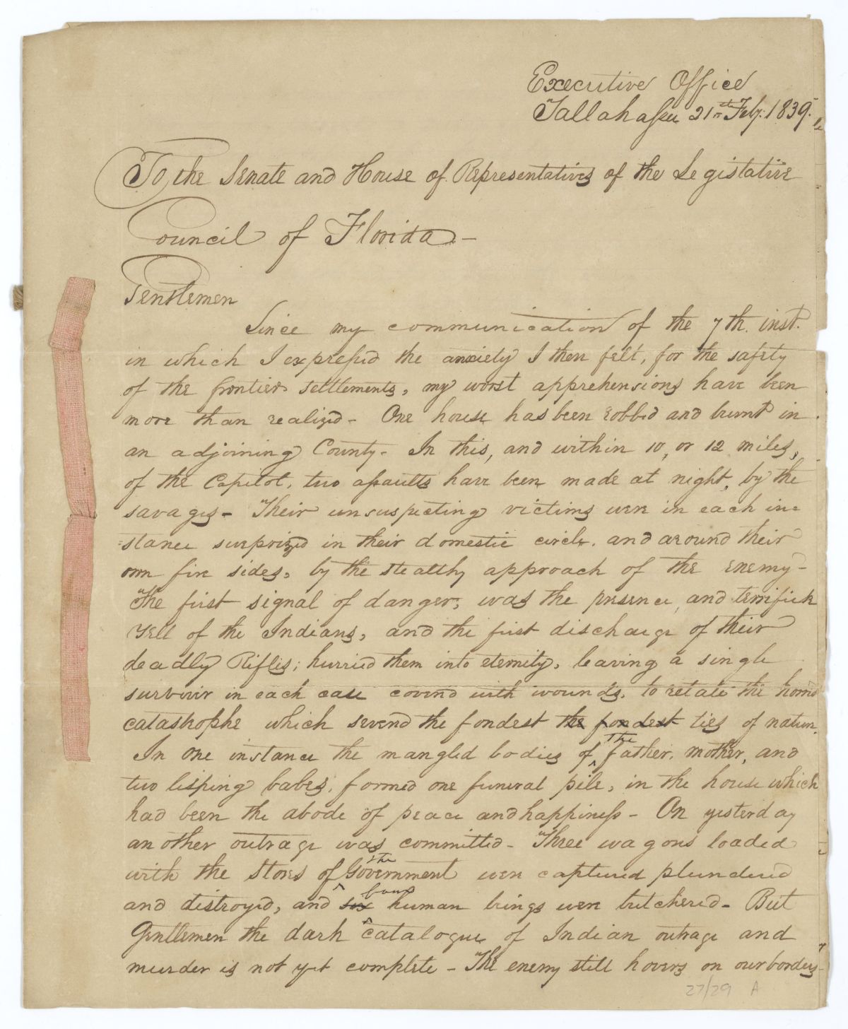 Letter from Governor Richard Keith Call to the Territorial Legislative Council Regarding the Second Seminole War, 1839