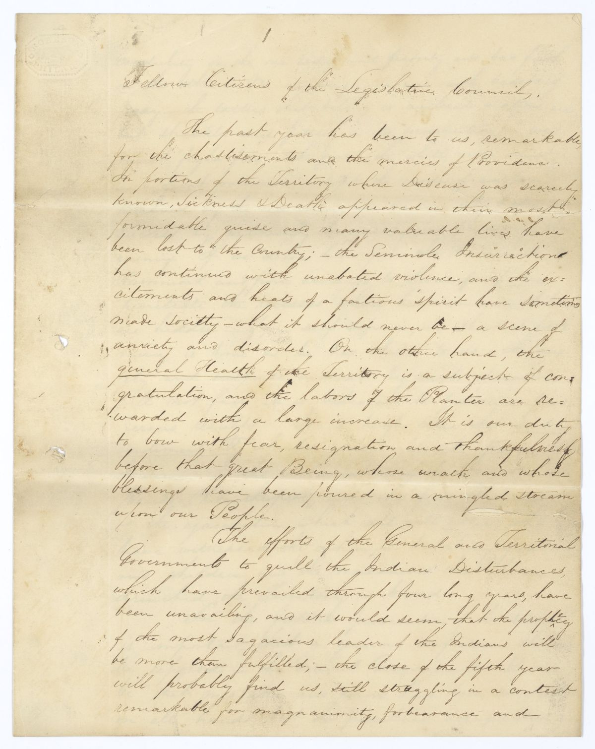 Governor Robert Reid's Annual Message to the Territorial Legislative Council, 1840