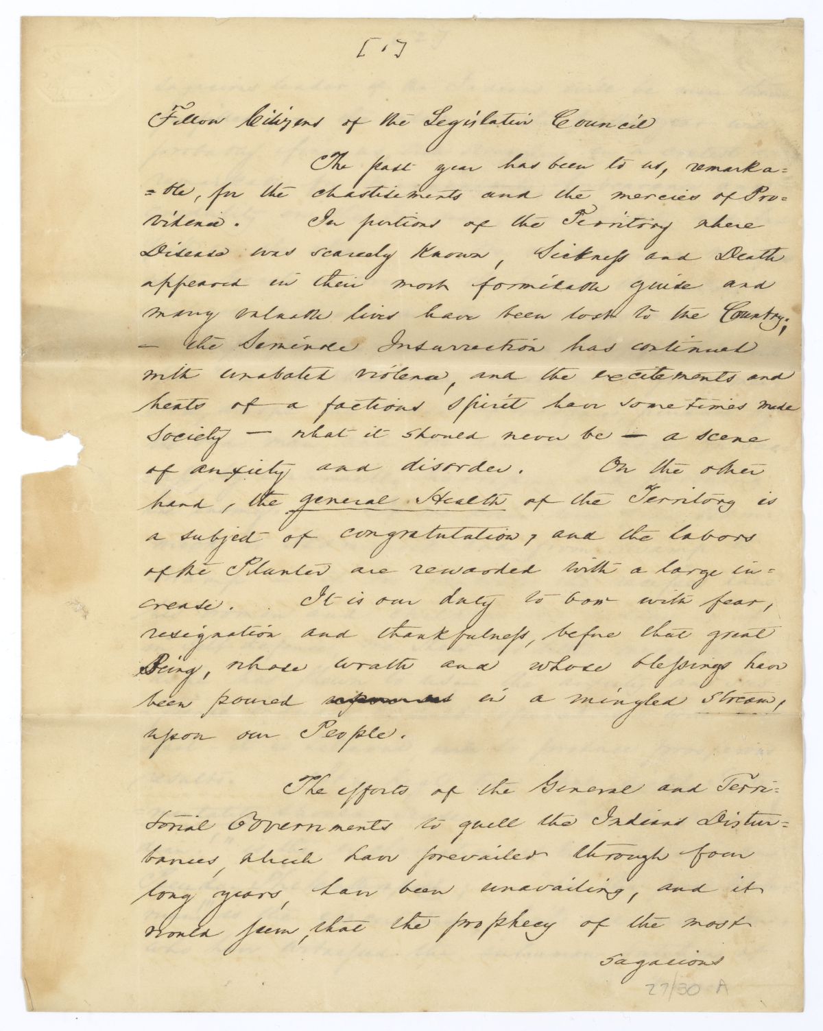 Governor Robert Reid's Annual Message to the Territorial Legislative Council, 1840