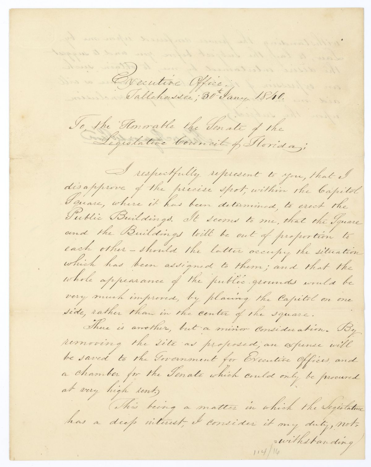 Letter from Governor Robert Reid to the Florida Senate Concerning Public Buildings, 1840