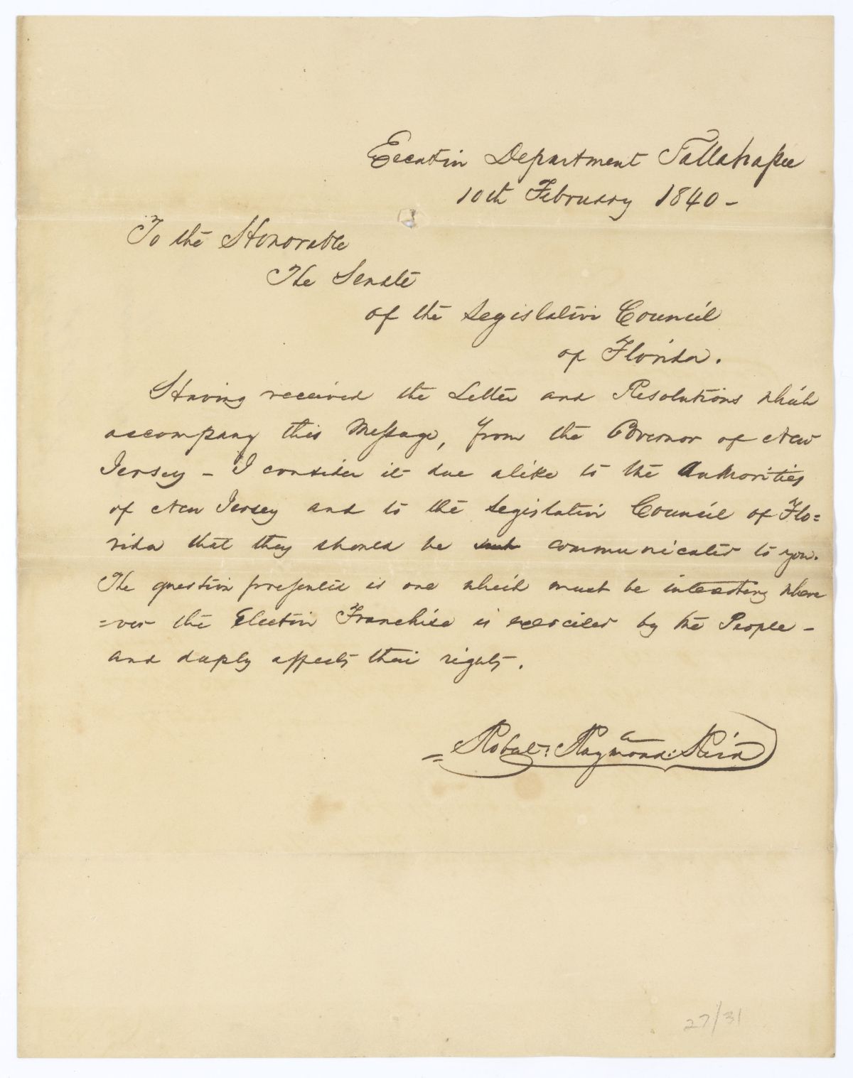 Letter from Governor Robert Reid to the Florida Senate Regarding a Letter from the Governor of New Jersey, 1840