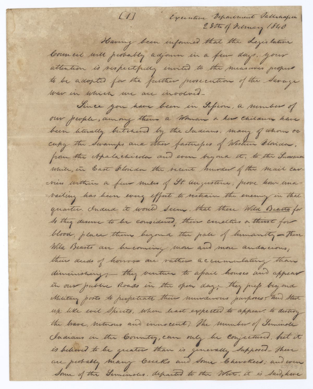 Letter from Governor Robert Reid to the Florida Senate Regarding the Second Seminole War, 1840