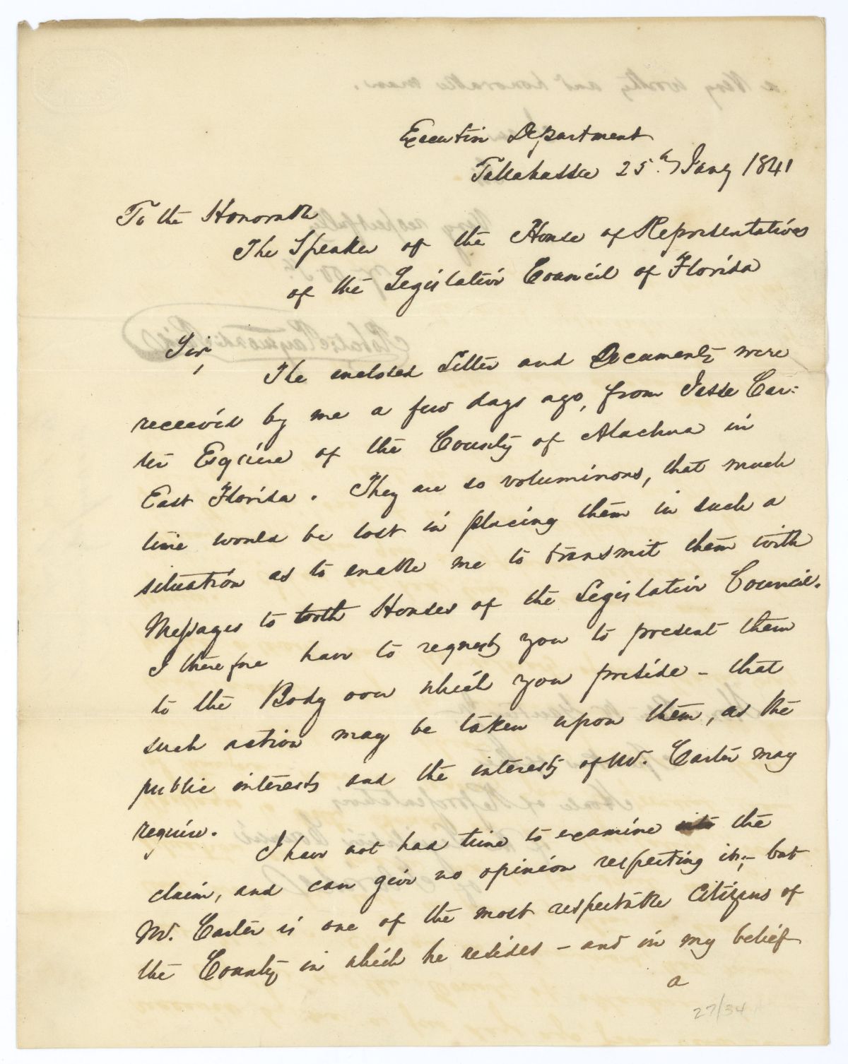 Letter from Governor Robert Reid to the Speaker of the Florida House of Representatives Regarding the Claim of Jesse Carter, 1841