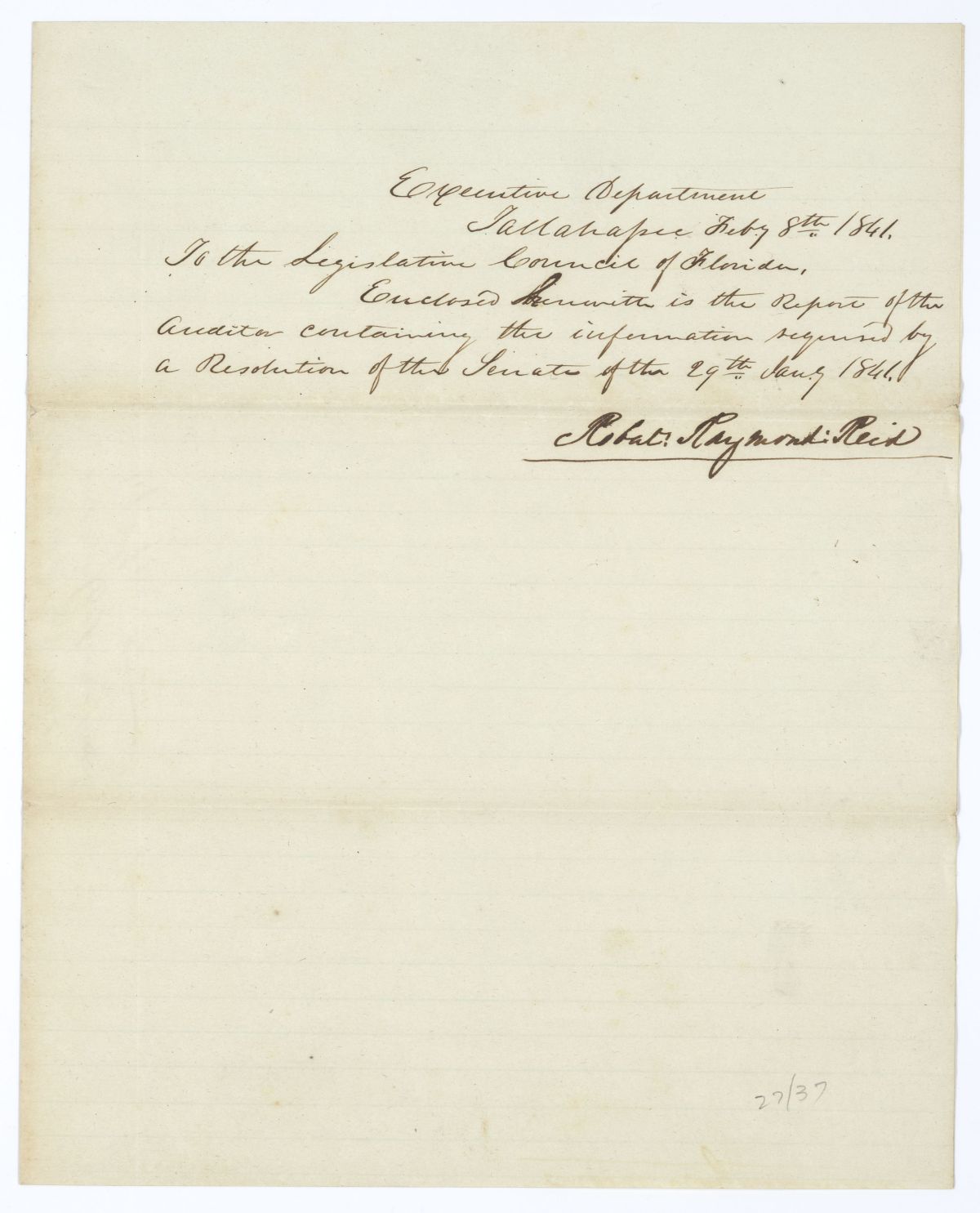 Letter from Governor Robert Reid to the Territorial Legislative Council Concerning an Auditor's Report, 1841