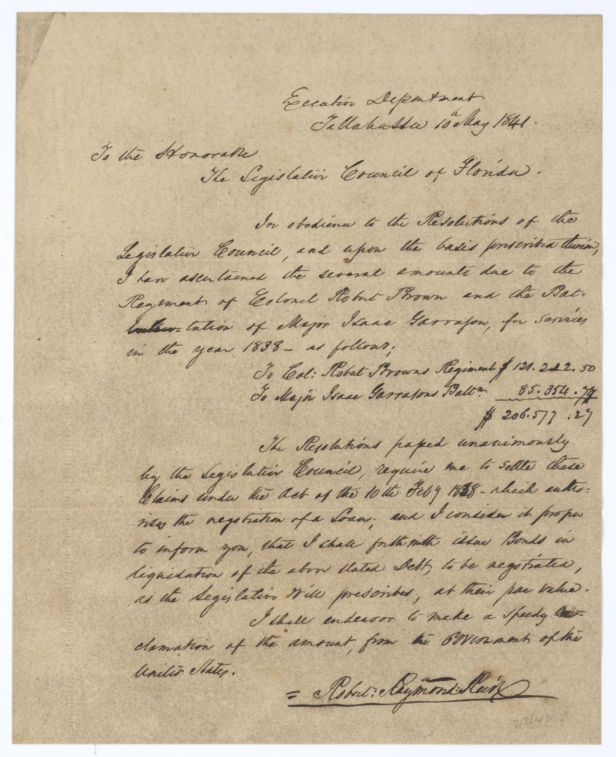 Letter from Governor Robert Reid to the Territorial Legislative Council Regarding the Claims of Certain Officers, 1841