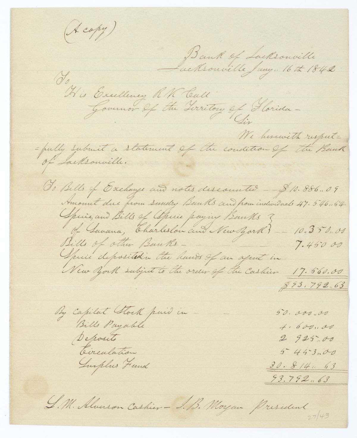 Letter from the Bank of Jacksonville to Governor Richard Keith Call Regarding a Statement of the Condition of the Bank, 1842