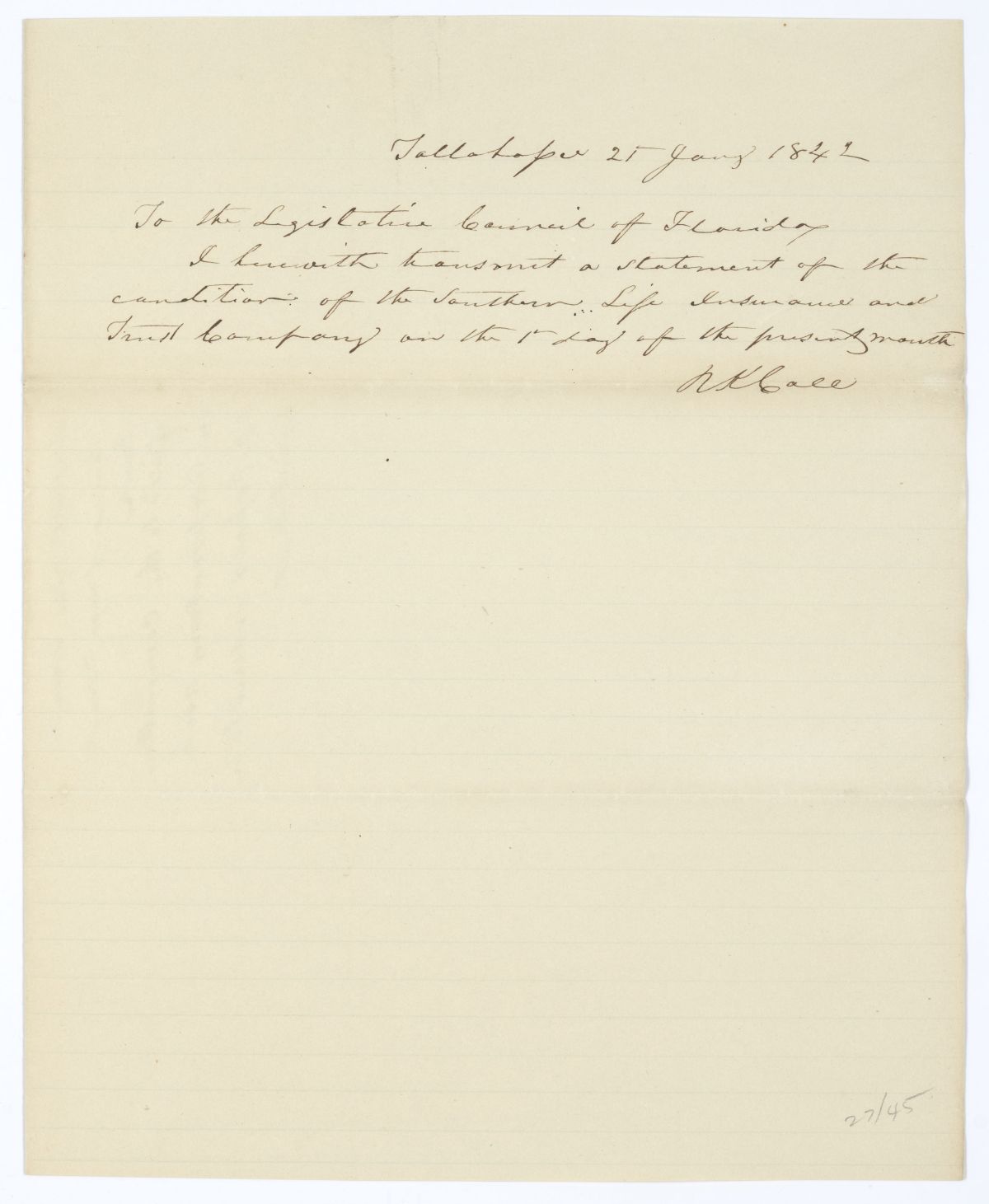 Letter from Governor Richard Keith Call to the Territorial Legislative Council Regarding the Southern Life Insurance and Trust Company, 1842