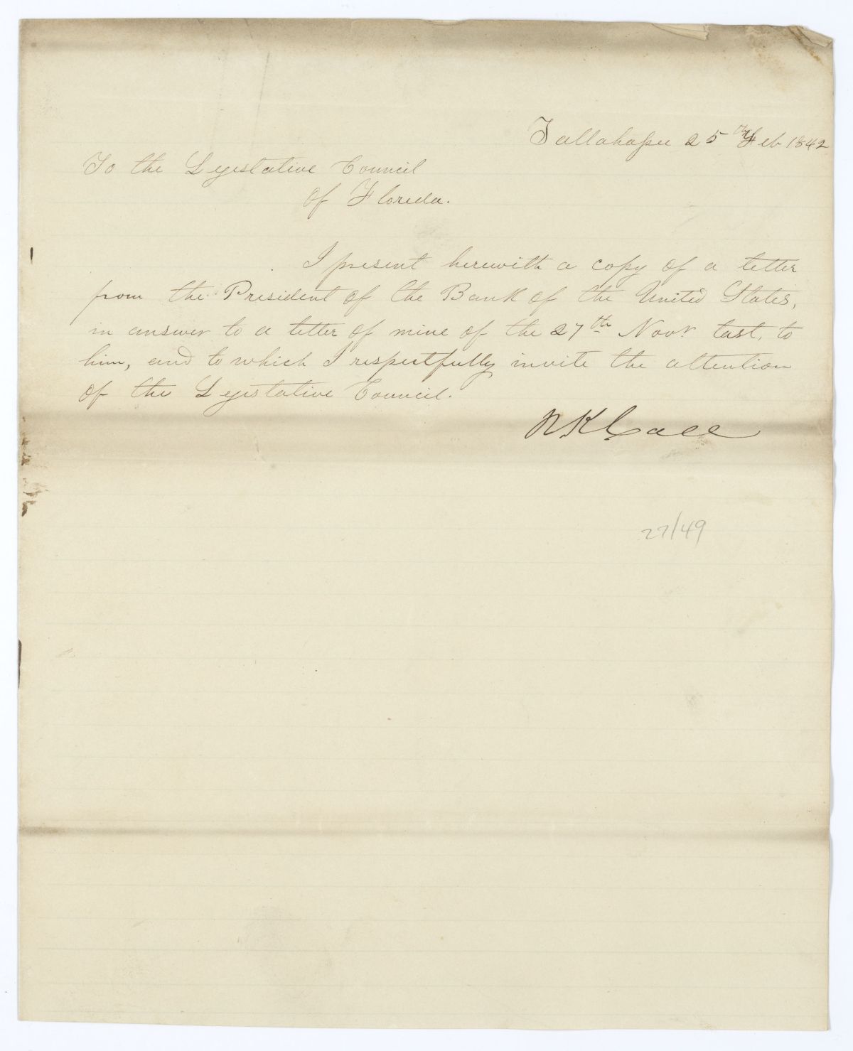 Letter from Governor Richard Keith Call to the Territorial Legislative Council with a Letter from the President of the Bank of the United States, 1842