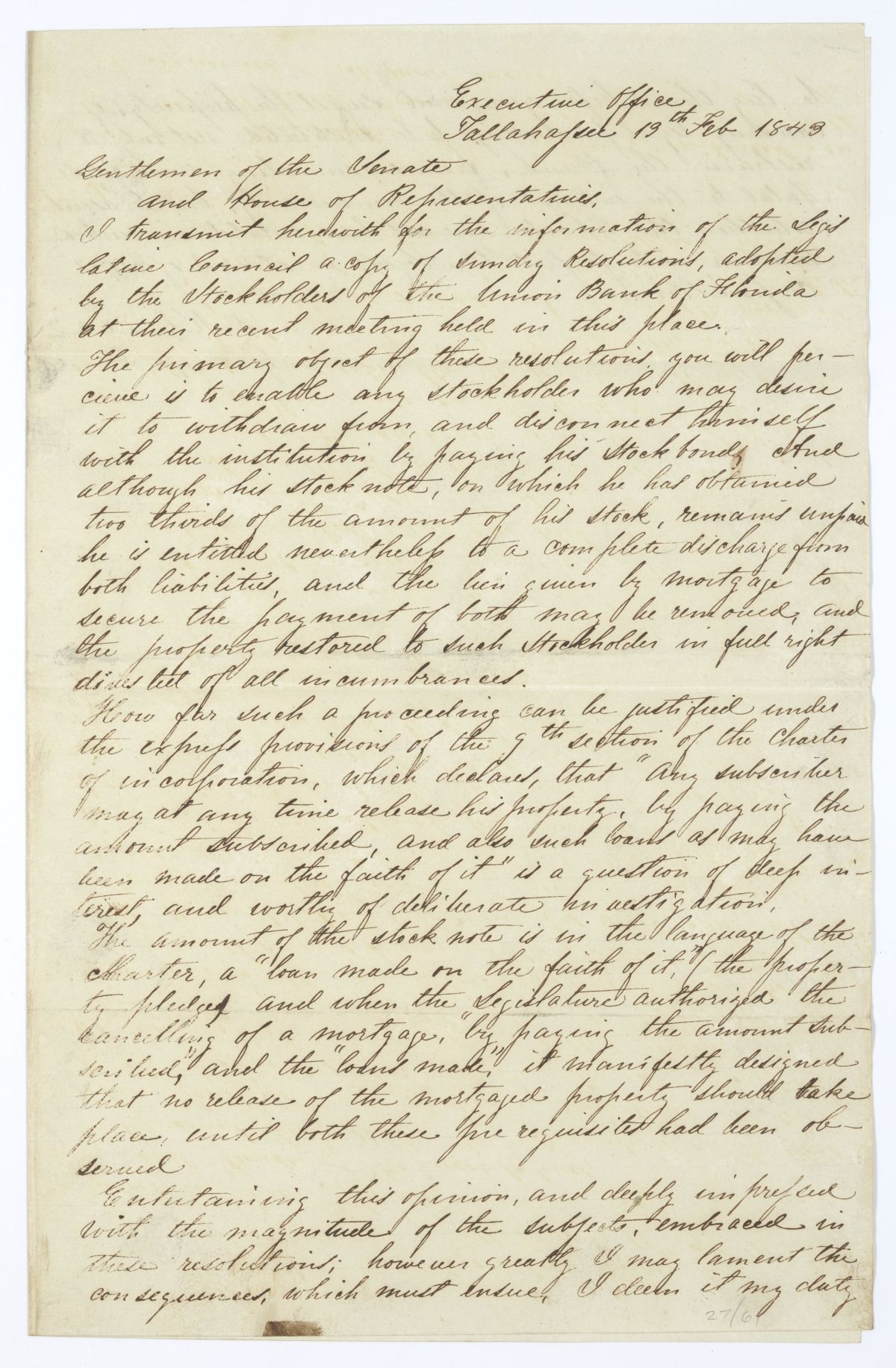 Letter from Governor Richard Keith Call to the Territorial Legislative Council Regarding Recent Resolutions by the Stockholders of the Union Bank, February 13, 1843