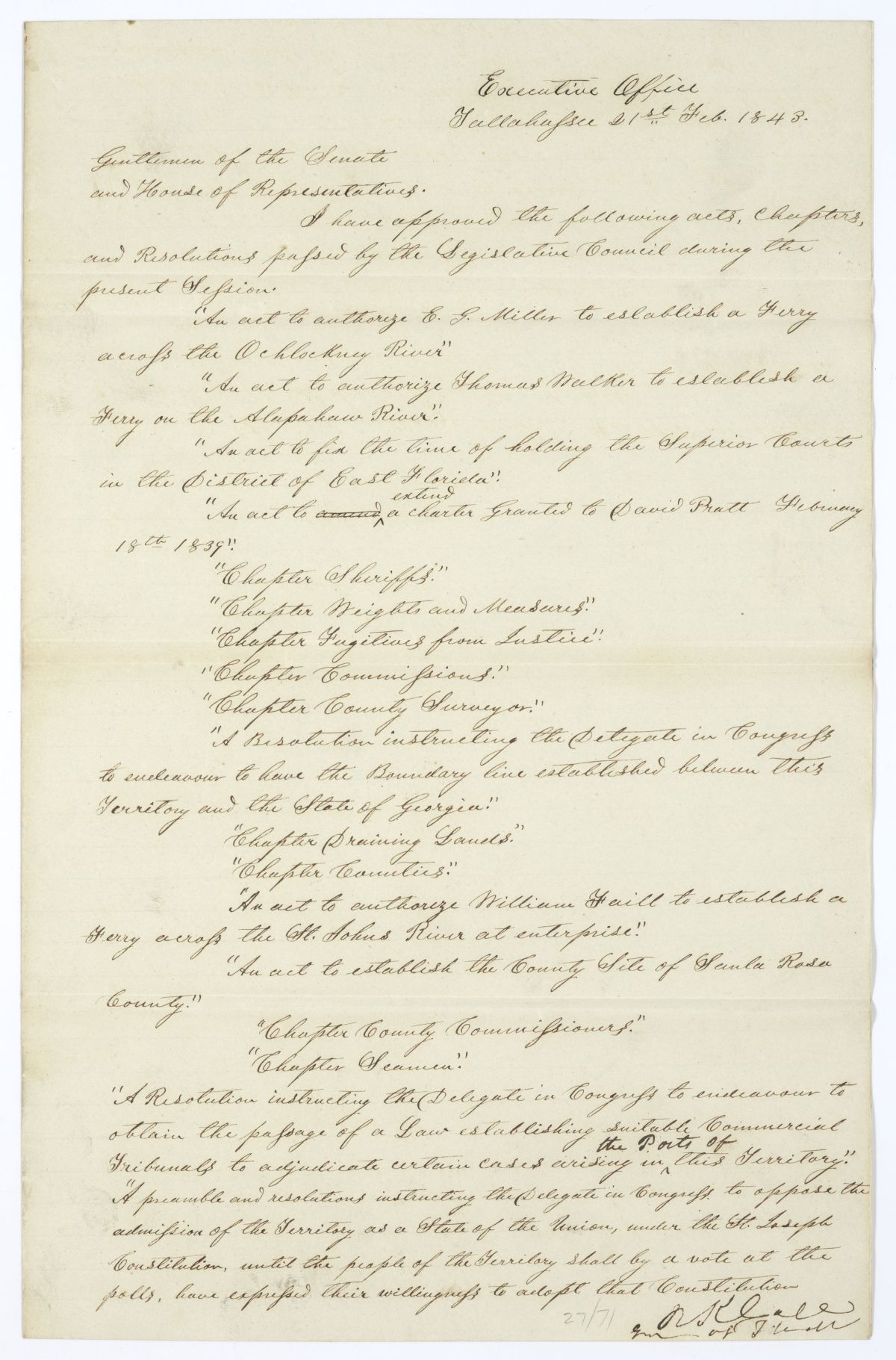 Letter from Governor Richard Keith Call to the Territorial Legislative Council Concerning Approved Legislation, February 21, 1843